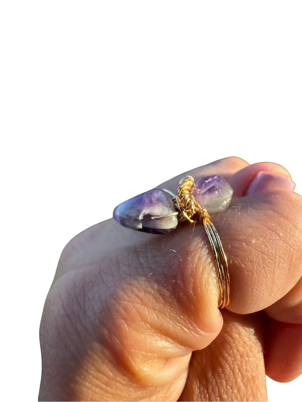 Handcrafted Golden Wire Amethyst Cluster Ring - Purple